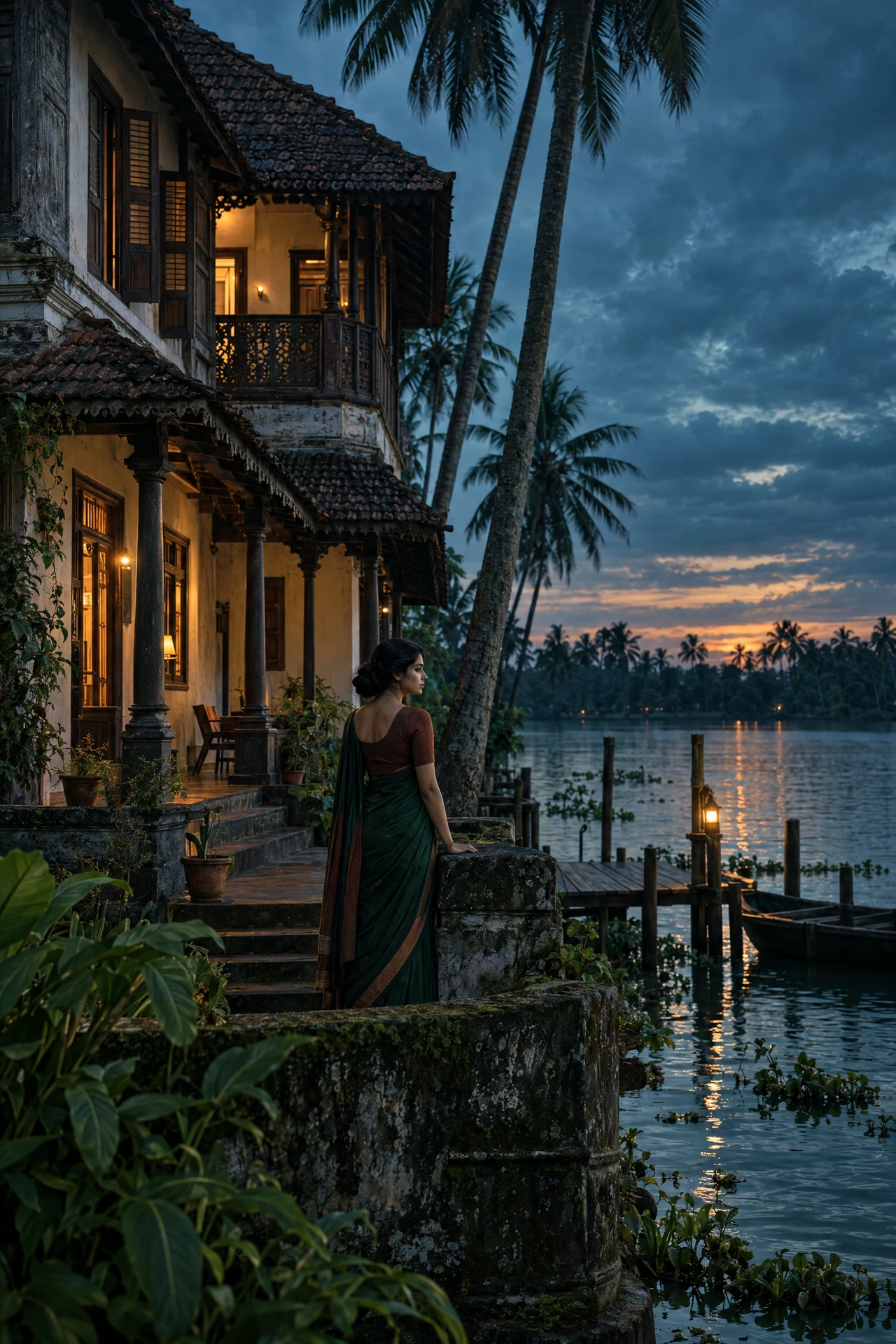Indian woman near a Kerala heritage home and backwaters at twilight