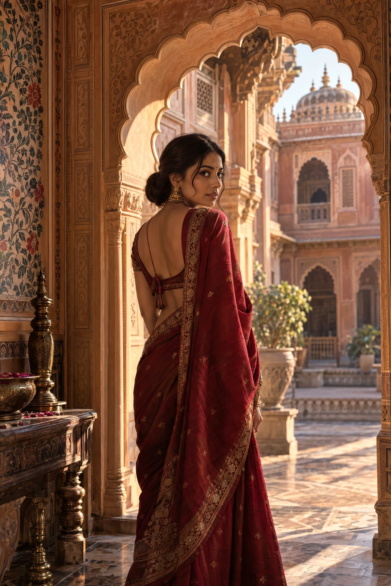 Indian woman in a crimson sari inside a Jaipur palace arch