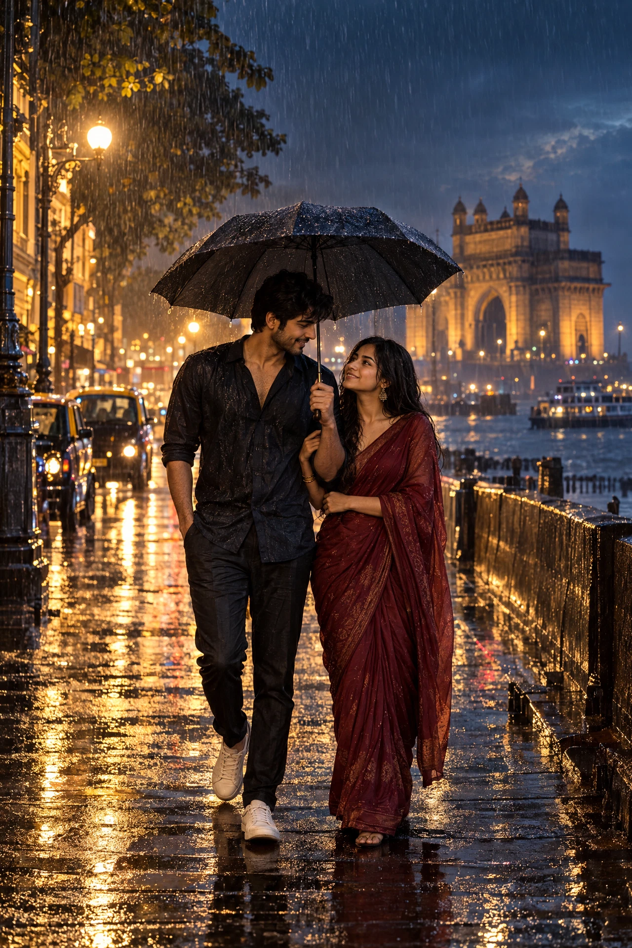 Indian couple beneath an umbrella on a monsoon street