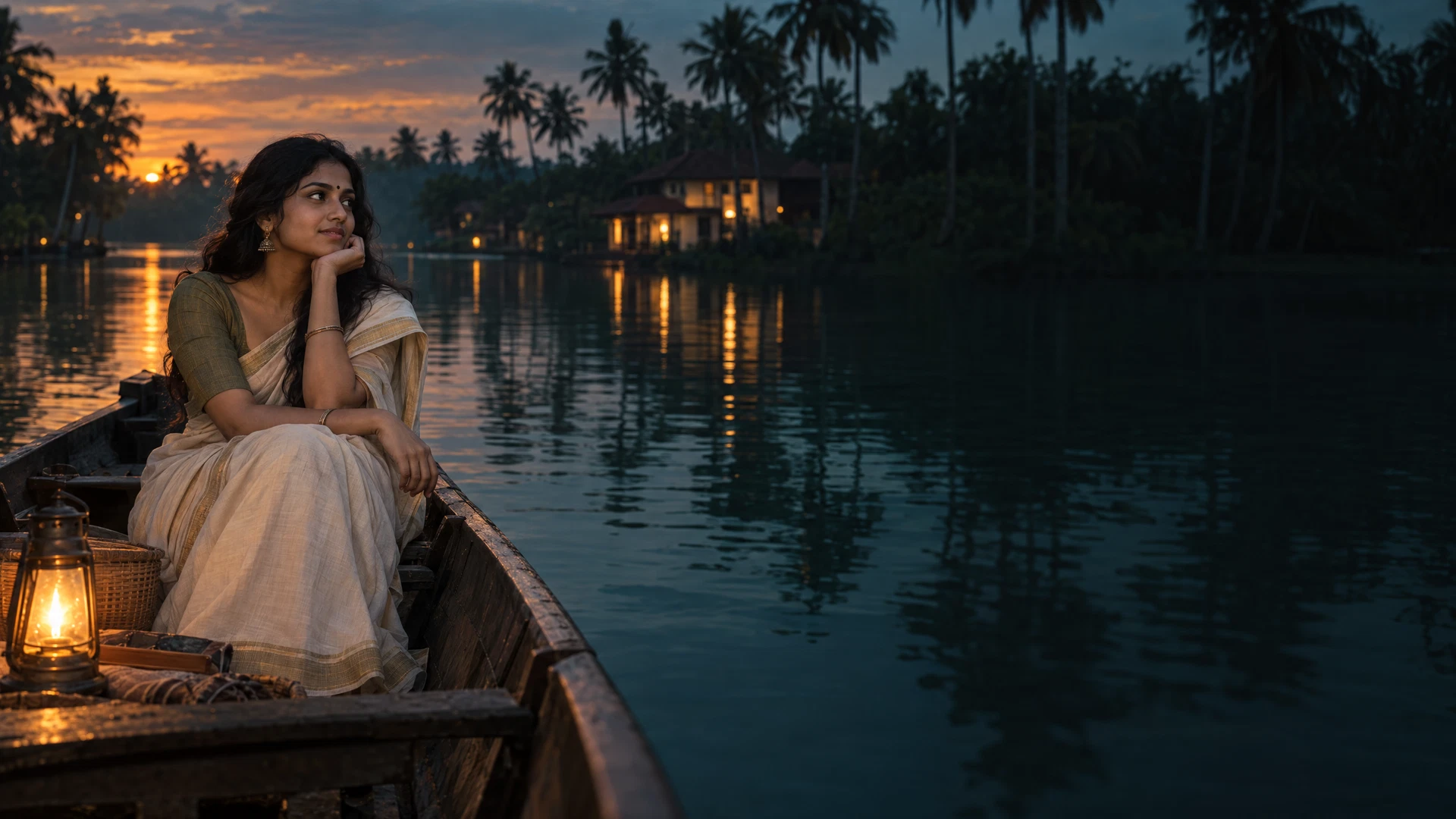 Indian woman in a wooden boat on Kerala backwaters at twilight